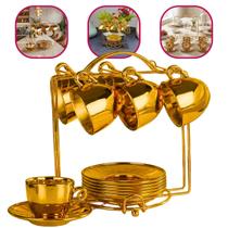Jogo 6 Xícaras 85ml De Vidro Com Pires E Suporte Hauskraft Luxo Dourado Mesa Posta