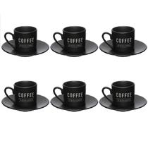Jogo 6 Xícaras Café 80ml Porcelana Preto Coffee com Pires Jogo 6 Xícaras Café 80ml Porcelana Preto Coffee com Pires