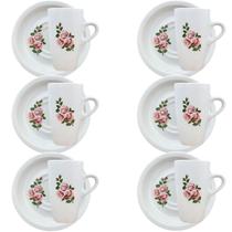 Jogo 6 xícaras Café/Chá 150ml Cônica Alta c/ pires Flor Rosa Jogo 6 xícaras Café/Chá 150ml Cônica Alta c/ pires Flor Rosa