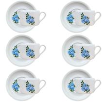 Jogo 6 xícaras Café/Chá com pires 170ml Base Reta Flor Azul