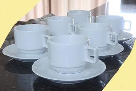 Jogo 6 xícaras Café/Chá com pires - Empilháveis - Porcelana branca