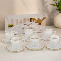 Jogo 6 Xícaras Café Chá Vidro 100ml Pires Borda Dourada Transparente Mesa Posta Presente Elegante Jogo 6 Xícaras Café Chá Vidro 100ml Pires Borda Dourada Transparente Mesa Posta Presente Elegante