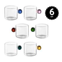 Jogo 6 Xícaras Café Vidro Borossilicato 80ml Transparente com Alça Colorida Mesa Posta