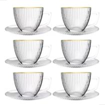 Jogo 6 Xícaras Chá Pires Vidro Graffiato 230ml Borda Dourada