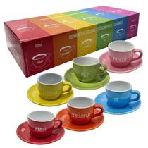 Jogo 6 Xicaras Coloridas com Pires Cafe Expresso 90ml Conjuto Ceramica Presente Casamento Jogo 6 Xicaras Coloridas com Pires Cafe Expresso 90ml Conjuto Ceramica Presente Casamento