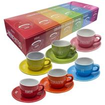 Jogo 6 Xicaras Coloridas com Pires Cafe Expresso Chá 140ml Conjuto Ceramica Presente Casamento