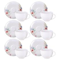 Jogo 6 Xícaras com Pires Chá Café 250ml Tramontina Floratta Porcelana Floral Servir Mesa Posta Jogo 6 Xícaras com Pires Chá Café 250ml Tramontina Floratta Porcelana Floral Servir Mesa Posta