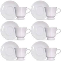 Jogo 6 Xícaras com Pires de Porcelana Branca 80ml para Chá Café Expresso Germer Capri