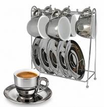 Jogo 6 Xícaras Com Pires E Suporte Cerâmica 80ml Café Espresso Cantinho Café Mesa Posta Presente