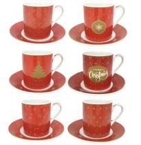 Jogo 6 Xícaras Com Pires Porcelana Fina Decorado Natal Prime