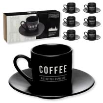 Jogo 6 Xícaras De Café 80ml Com Pires Porcelana Preto Fosco