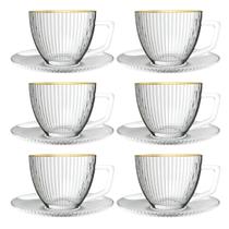 Jogo 6 Xícaras de Café 90ml Vidro Transparente Borda Dourada Jogo 6 Xícaras de Café 90ml Vidro Transparente Borda Dourada