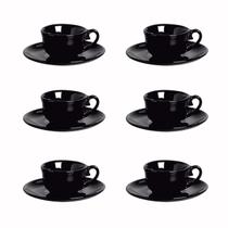 Jogo 6 xícaras de café c/ pires cerâmica preta premium 70ml