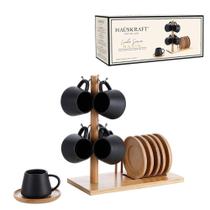 Jogo 6 Xícaras De Café Com Pires E Suporte De Bambu Oasis Preto HAUSKRAFT