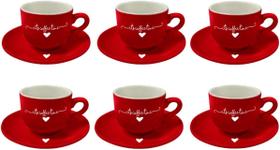 Jogo 6 Xícaras de Café com Pires em Porcelana L'amour Vermelha 90ml Hauskraft