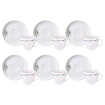 Jogo 6 Xícaras de Café com Pires Porcelana 100ml Tramontina Lilla Branca Decorada