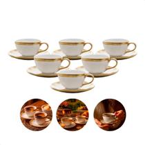 Jogo 6 Xícaras De Café Com Pires Porcelana Branca E Dourada Mesa Posta 90ml