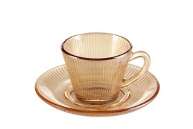 Jogo 6 Xícaras de Café com Pires Vidro Âmbar Canelado 90ml Jogo 6 Xícaras de Café com Pires Vidro Âmbar Canelado 90ml