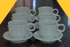 Jogo 6 xícaras de Café e Chá com pires - 150ml Empilháveis - Kit Porcelana branca