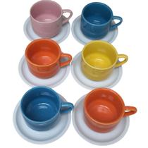 Jogo 6 xícaras de Café e Chá com pires - 200 ml Empilháveis - Porcelana Colorida