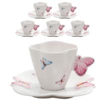 Jogo 6 Xícaras de Café em Porcelana com Pires Borboletas 100ml Wolff
