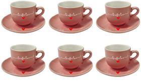 Jogo 6 Xícaras De Café Rosa Coração Porcelana Hauskraft 90Ml