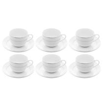 Jogo 6 Xicaras De Chá Café Com Pires 220ml Branco Borda Prata Porcelana Mônaco Wolff
