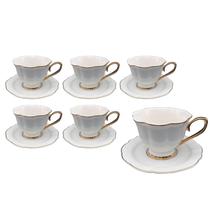 Jogo 6 Xícaras de Chá Café com Pires 240ml Borda Dourada Porcelana Branca Luxo