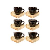 Jogo 6 Xícaras De Porcelana Envelhecidas Coffee 75ml Com Pires De Madeira Coração