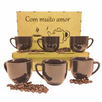 Jogo 6 Xicaras De Porcelana Para Café Chá 170ml Caixa Em Mdf Decorada Várias Cores