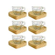 Jogo 6 Xícaras De Vidro Café Expresso Decorada 90ml Com Pires De Madeira Coração
