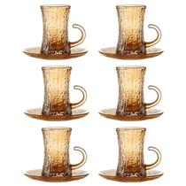 Jogo 6 Xícaras de Vidro Kitty C/ Pires Âmbar 100ml Café Chá Luxo Resistente