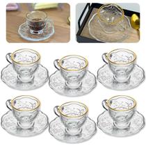 Jogo 6 Xícaras E Pires De Cristal Bordas Dourada 80ml Flores Borboleta Café Lyor