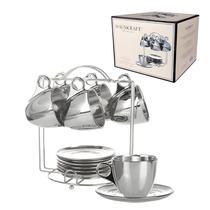 Jogo 6 Xicaras Para Café Chá De Vidro Com Pires E Suporte 170ml