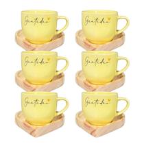 Jogo 6 Xícaras Porcelana Amarelas Gratidão 170ml C/ Pires Coração
