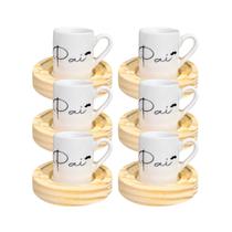 Jogo 6 Xícaras Porcelana Pai Bigode 60ml Com Pires Madeira Redondo Jogo 6 Xícaras Porcelana Pai Bigode 60ml Com Pires Madeira Redondo