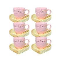 Jogo 6 Xícaras Porcelana Rosa Gratidão 75ml C/ Pires Coração
