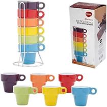 Jogo 6 xicaras torre copo cafe expresso com suporte colorida porcelana premium - CLINK
