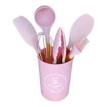 Jogo 7 Colheres Silicone Cabo Madeira Utensílios Cozinha Kit Rosa Inox