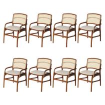 Jogo 8 Cadeiras de Jantar Florença Estrutura em Madeira Jequitibá Terra Braço Encosto Palha Linho Bege