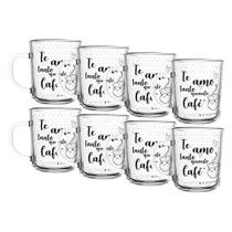 Jogo 8 Caneca de Café Te Amo Vidro Transparente 220ml Xícara Lyor