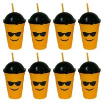 Jogo 8 Copos de Plástico 450ml com Tampa Canudo Emoji Saldão