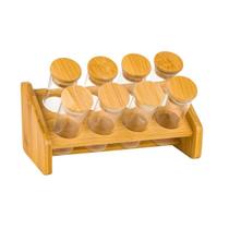 Jogo 8 Porta Condimentos de Vidro C/ Tampa e Suporte Bambu