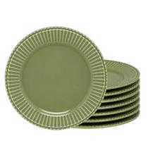 Jogo 8 Prato de Sobremesa de Cerâmica Frisada Scalla Verde Cristina 20cm Mesa Posta