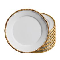 Jogo 8 Prato Raso de Cerâmica Branco Borda de Bambu Grossa 27cm Flat Scalla Jogo 8 Prato Raso de Cerâmica Branco Borda de Bambu Grossa 27cm Flat Scalla