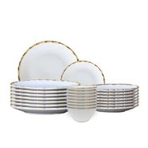 Jogo 8 Pratos Raso 8 Sobremesa 8 Bowls Borda Bambu Cerâmica 1ª Linha Scalla