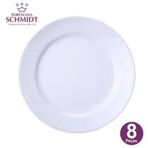 Jogo 8 Pratos Rasos Jantar Branco Cilíndrica Porcelana Schmidt - Porcelanas Schmidt