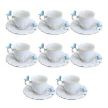 Jogo 8 Xícara De Café Porcelana Birds Azul E Branca Fio Dourado Pássaro Com Pires 100ml Wolff