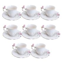 Jogo 8 Xícara de Café Porcelana Rosa e Branca Birds Pássaro com Pires 100ml Wolff