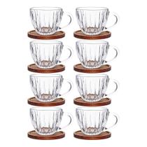 Jogo 8 Xícara de Chá Café Vidro Cristal com Pires de Madeira Acácia Montecarlo 180ml Haüskraft Premium Jogo 8 Xícara de Chá Café Vidro Cristal com Pires de Madeira Acácia Montecarlo 180ml Haüskraft Premium